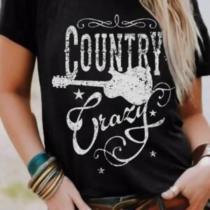 Black Country Music Crazy Print Crew Neck T Shirt