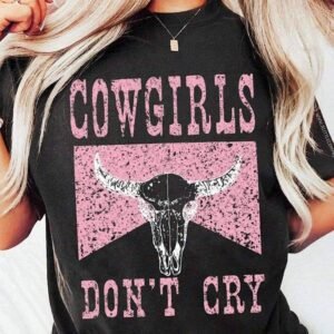 Black Cowgirl Dont Cry Steer Head Print Short Sleeve Top