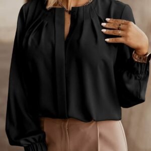Black Crew Neck Gathered Stretch Cuff Shirt