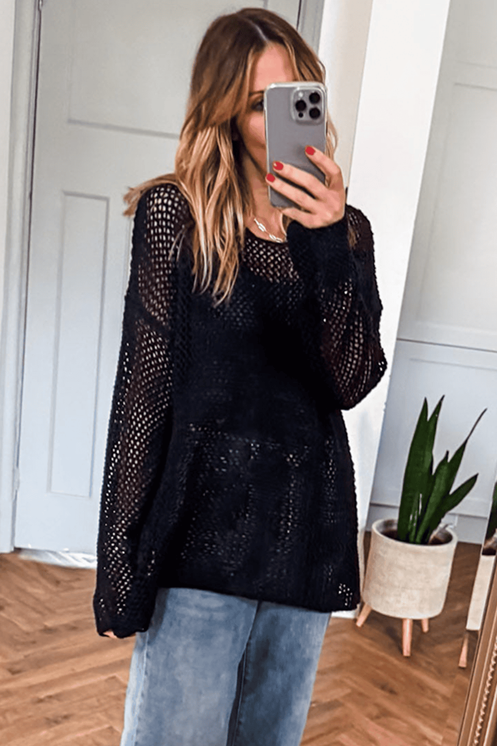 Black Crochet Hollow-Out Jumper Top Sweater