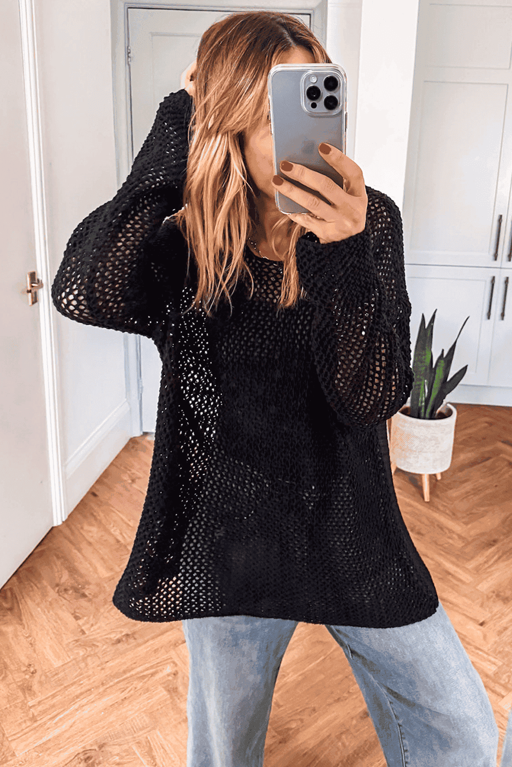Black Crochet Hollow-Out Jumper Top Sweater