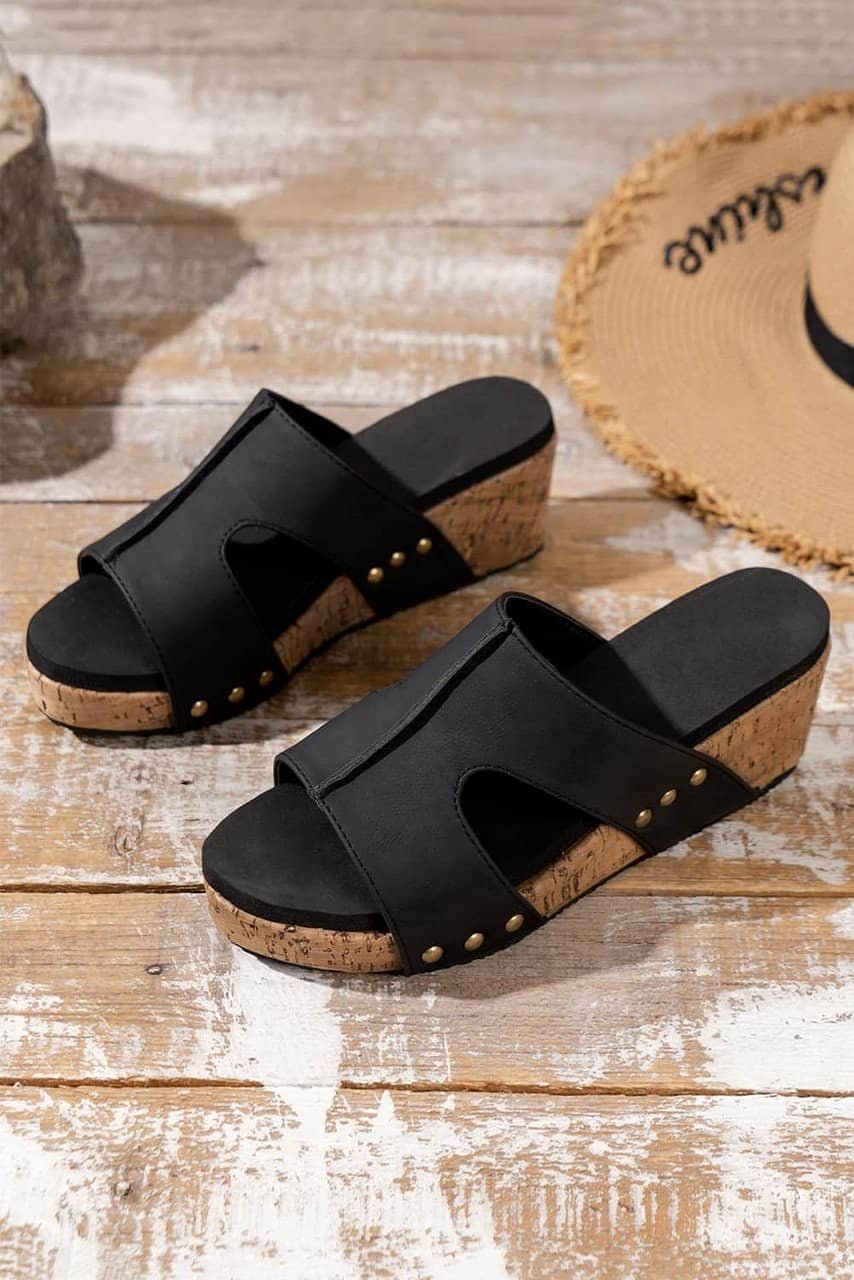Black Cut Out Rivet Slip-On Wedge Slippers