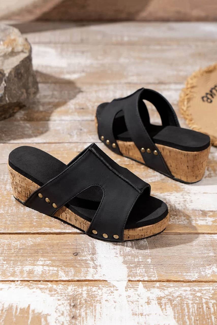 Black Cut Out Rivet Slip-On Wedge Slippers