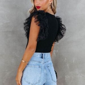 Black Dotty Mesh Ruffle Sleeve Ribbed Knit Top
