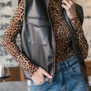 Black Double Flap Pocket Faux Leather Zip Up Stand Neck Vest