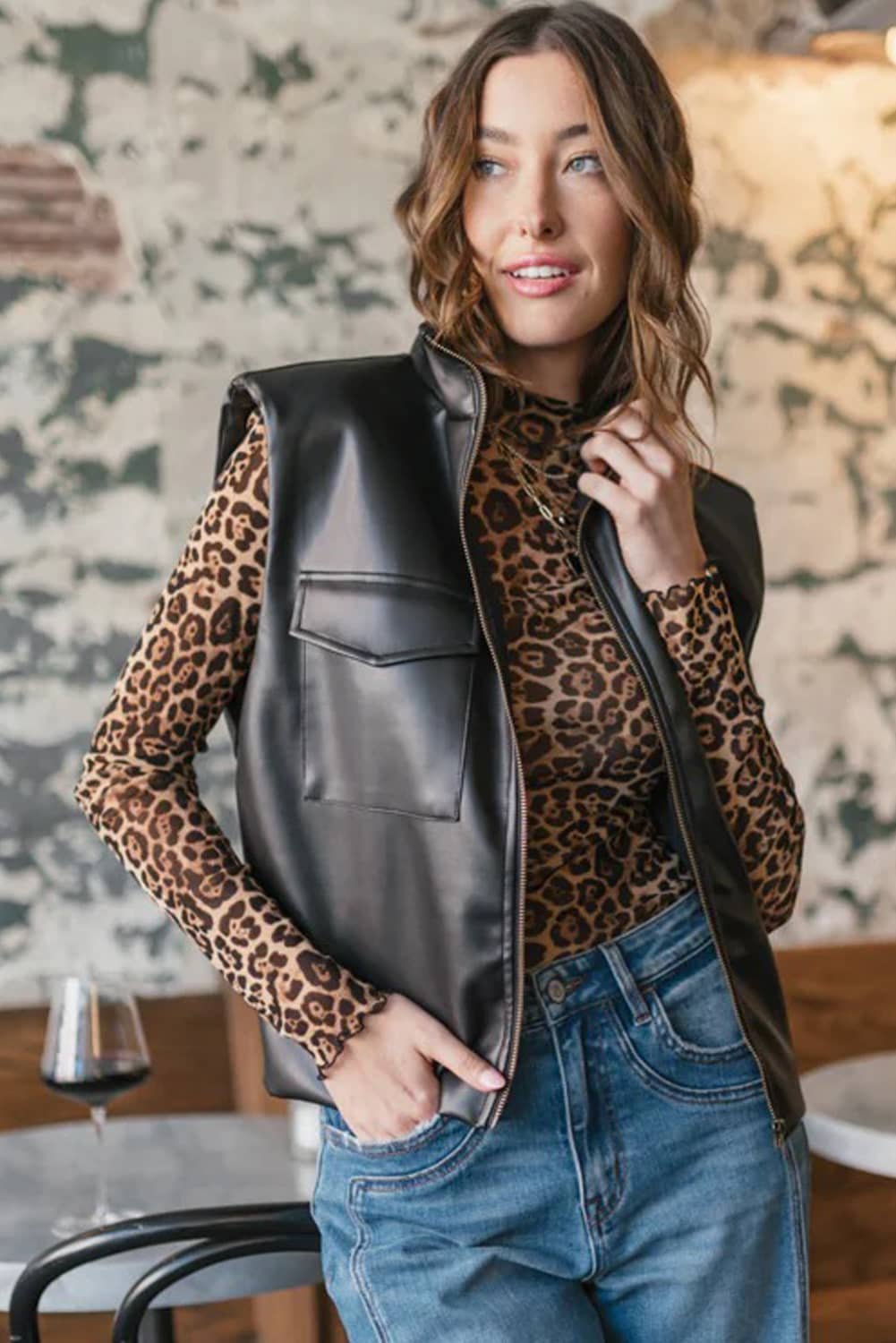 Black Double Flap Pocket Faux Leather Zip Up Stand Neck Vest