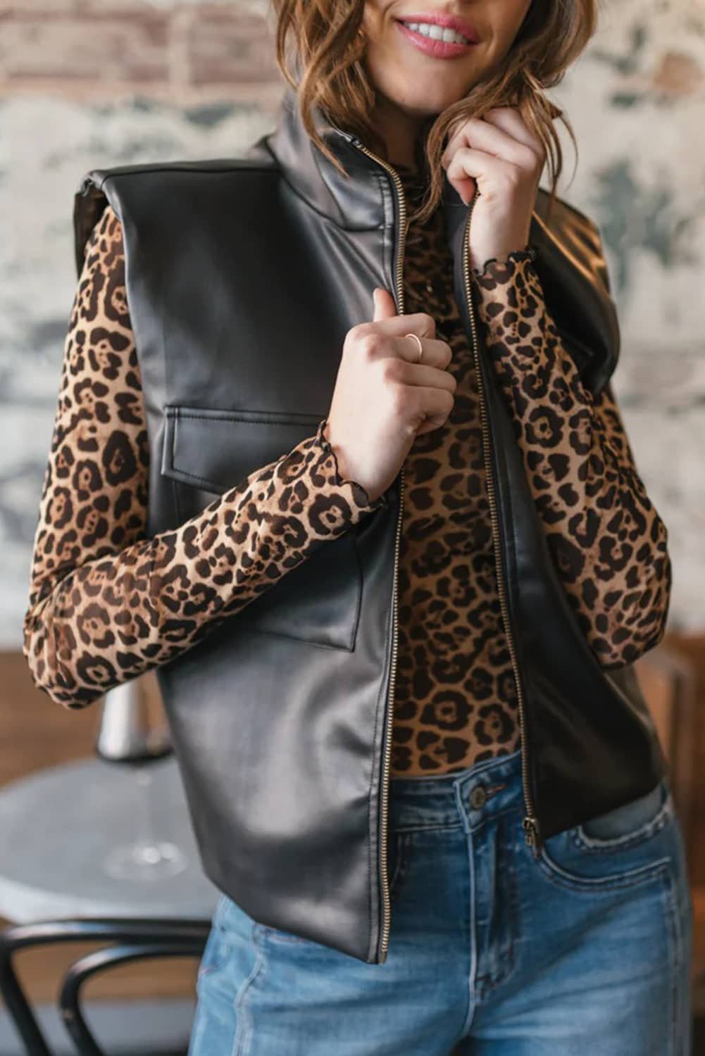 Black Double Flap Pocket Faux Leather Zip Up Stand Neck Vest