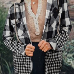 Black Double Plaid Patchwork Drawstring Hooded Shacket