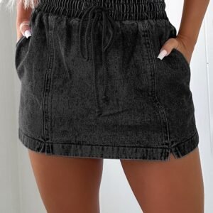 Black Drawstring High Waist Pocketed Denim Shorts
