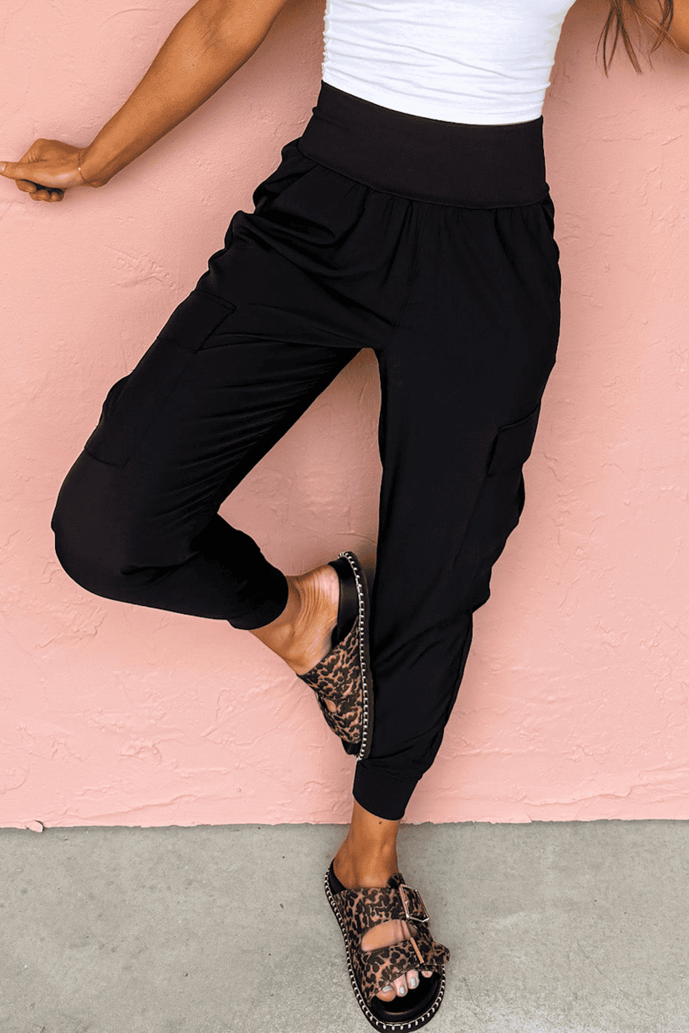 Black Elastic High Waist Pocketed Cargo Jogger Pants