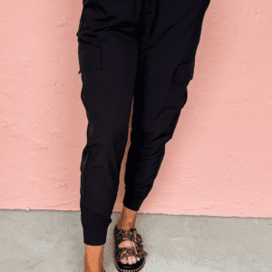 Black Elastic High Waist Pocketed Cargo Jogger Pants