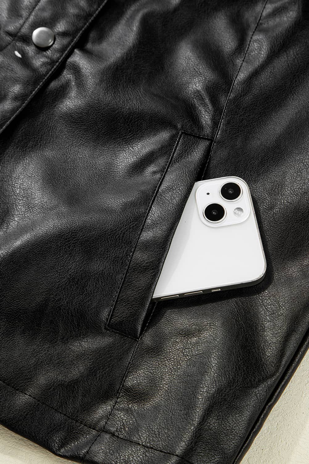 Black Faux Leather Buttoned Front Boxy Jacket
