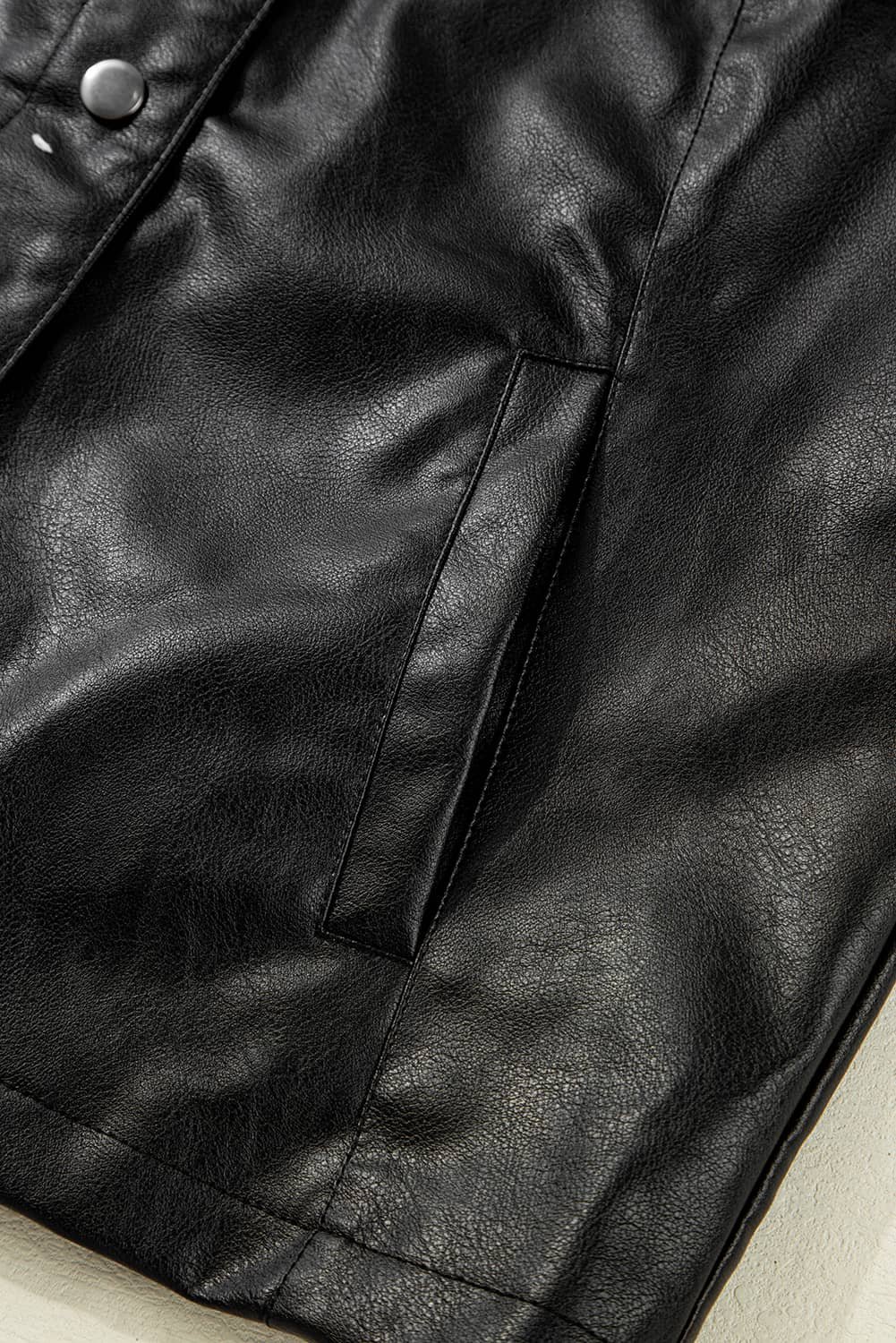 Black Faux Leather Buttoned Front Boxy Jacket