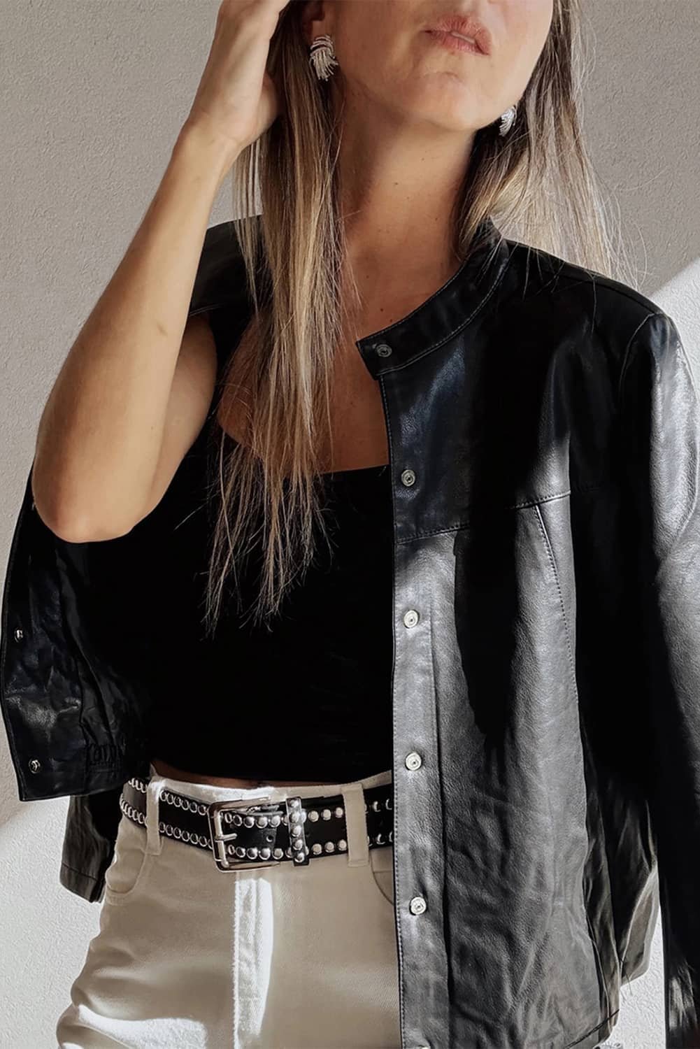 Black Faux Leather Buttoned Front Boxy Jacket