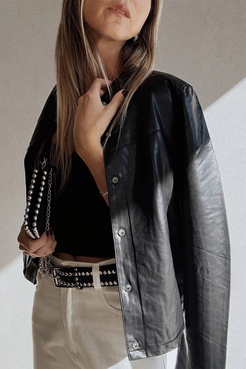 Black Faux Leather Buttoned Front Boxy Jacket
