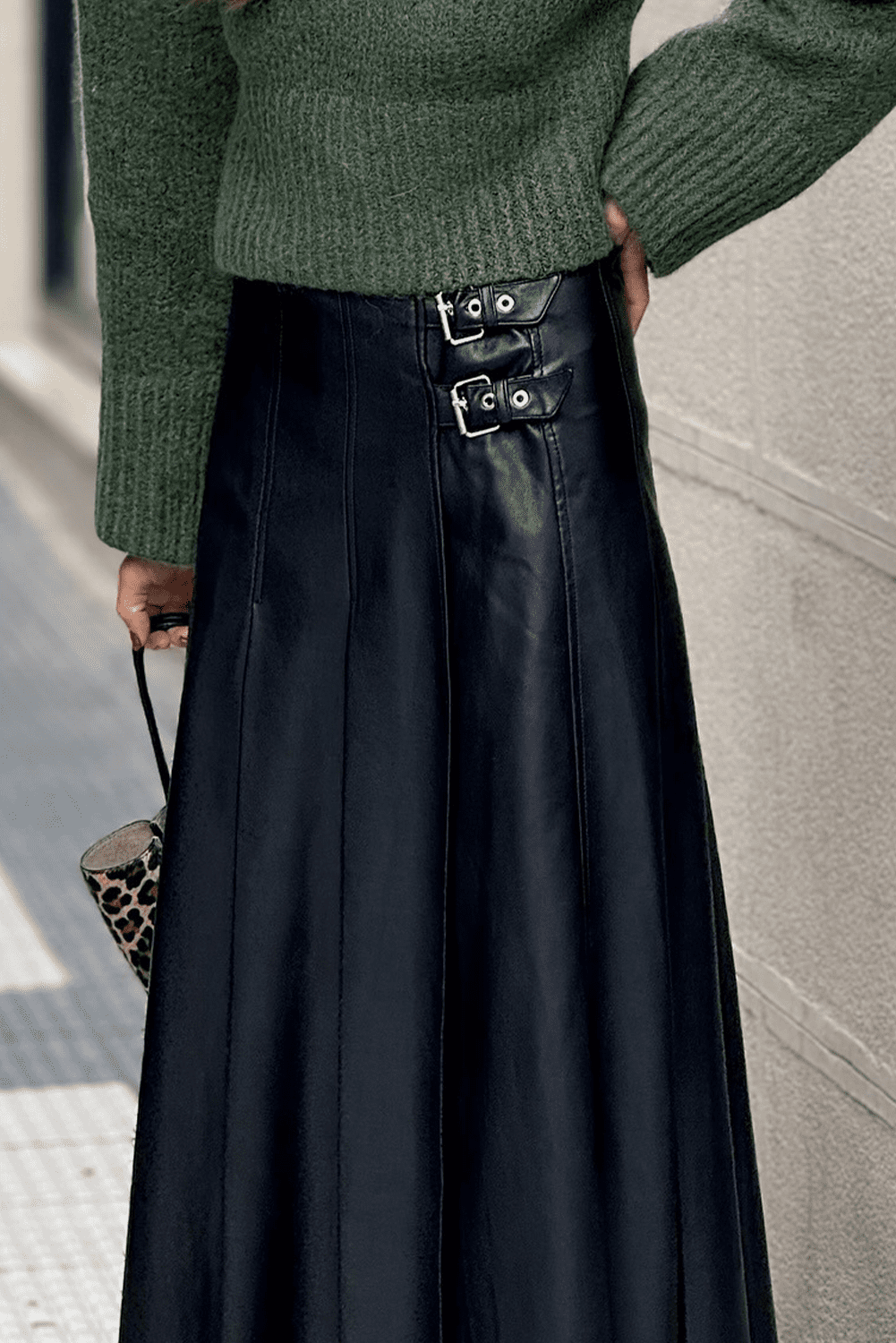 Black Faux Leather Retro Buckle Detail Pleated Stitch Flared Midi Skirt