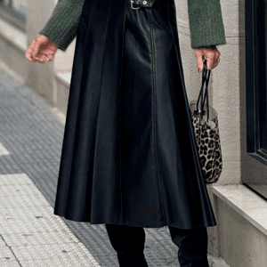 Black Faux Leather Retro Buckle Detail Pleated Stitch Flared Midi Skirt