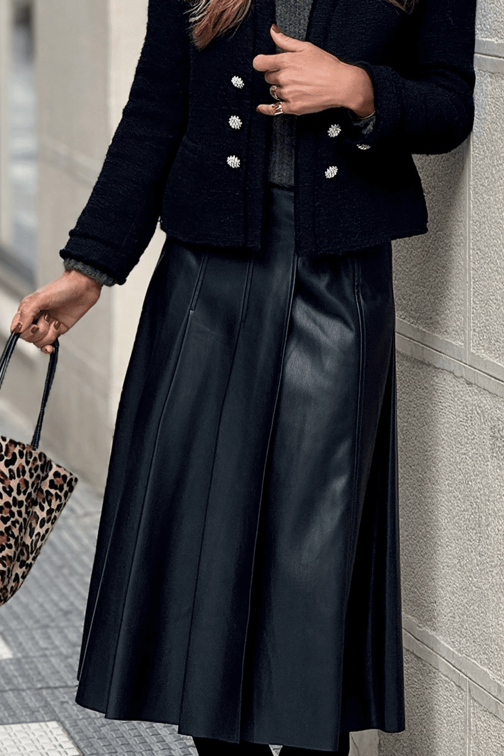 Black Faux Leather Retro Buckle Detail Pleated Stitch Flared Midi Skirt