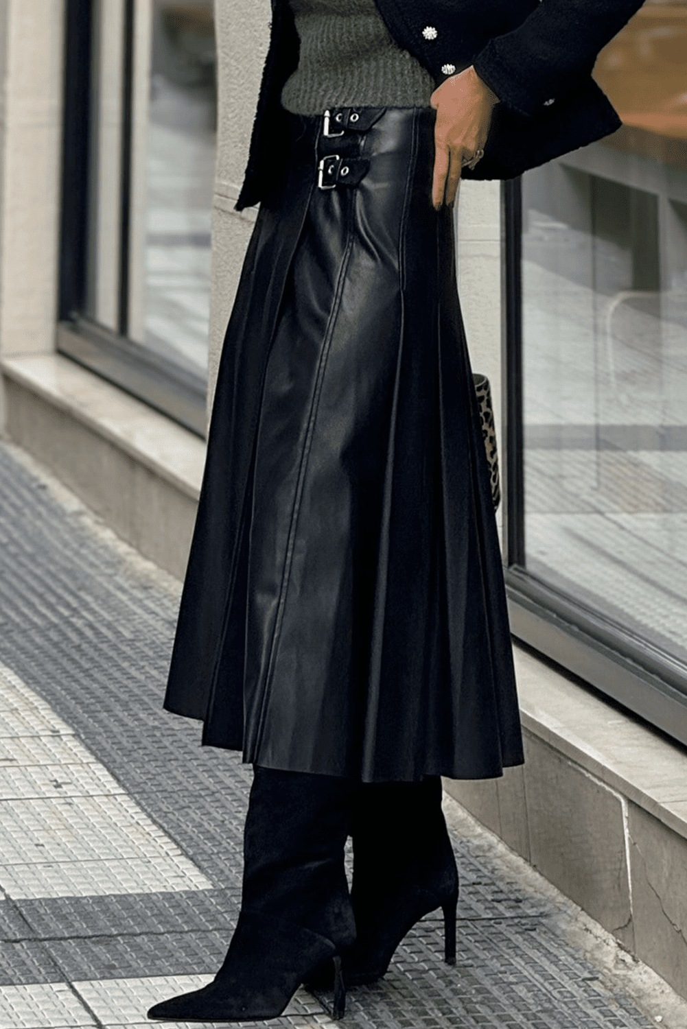 Black Faux Leather Retro Buckle Detail Pleated Stitch Flared Midi Skirt