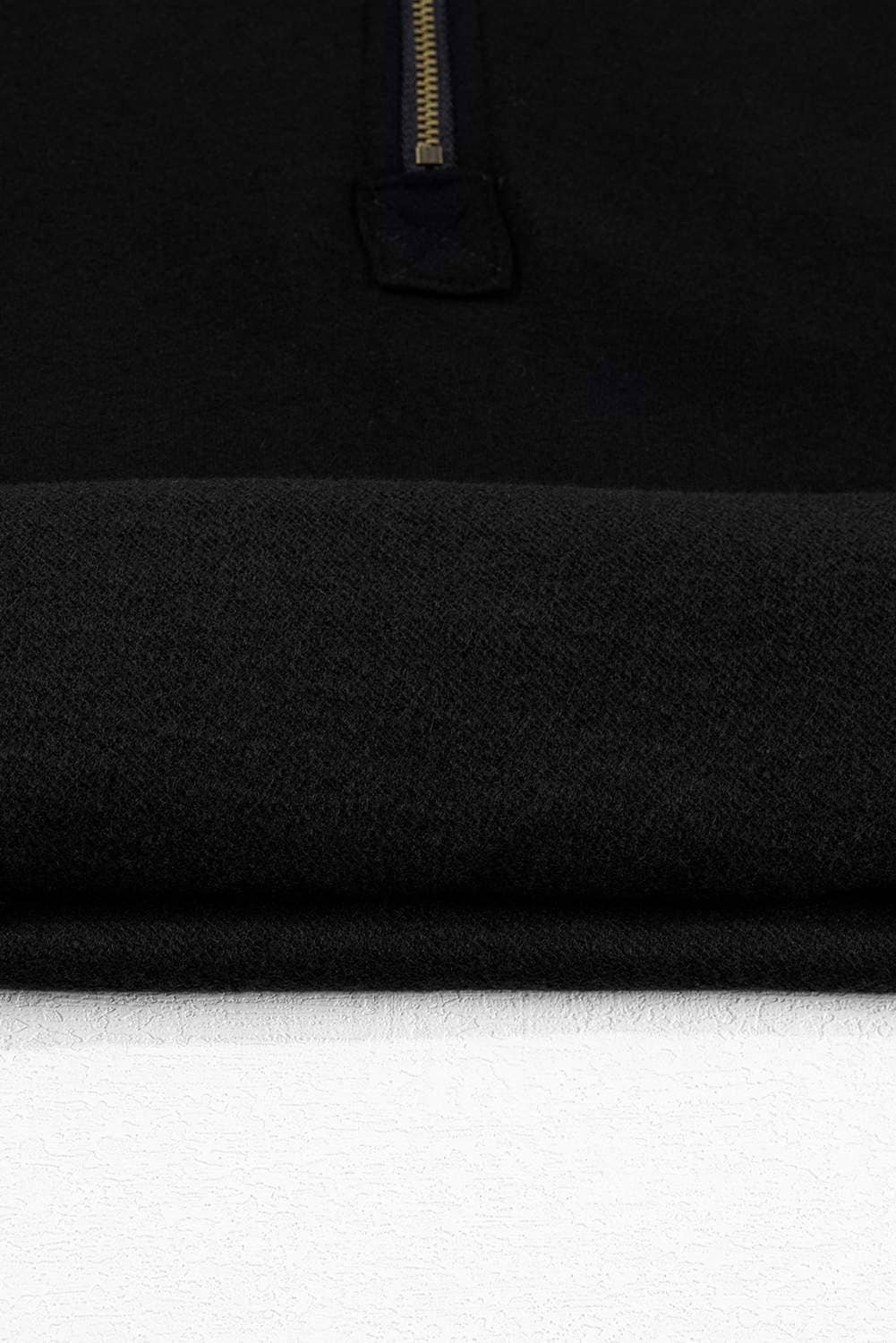 Black Fleece Lined Half Zipper Kangaroo Pockets Loose Hoodie