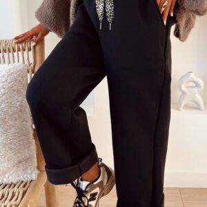 Black Fleece Lined Leopard Drawstring Elastic Waist Solid Pants