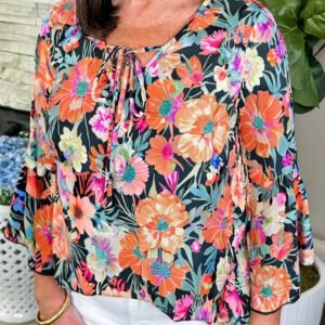 Black Floral 3/4 Flare Sleeve Tied V Neck Blouse