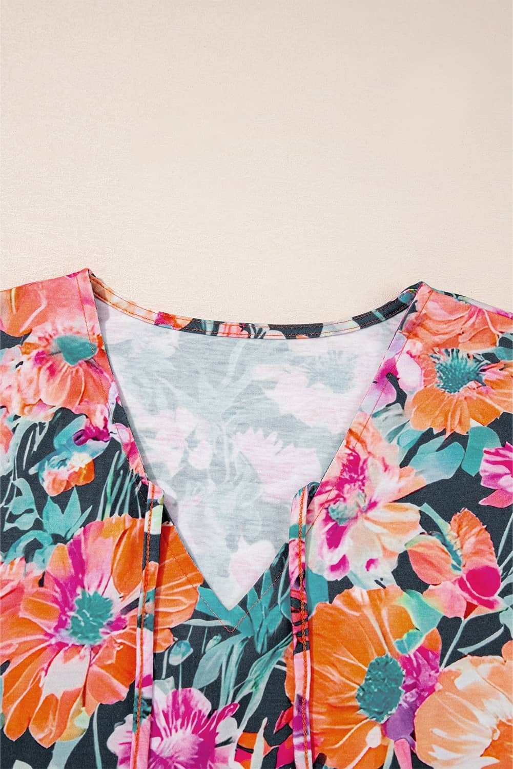 Black Floral 3/4 Flare Sleeve Tied V Neck Blouse