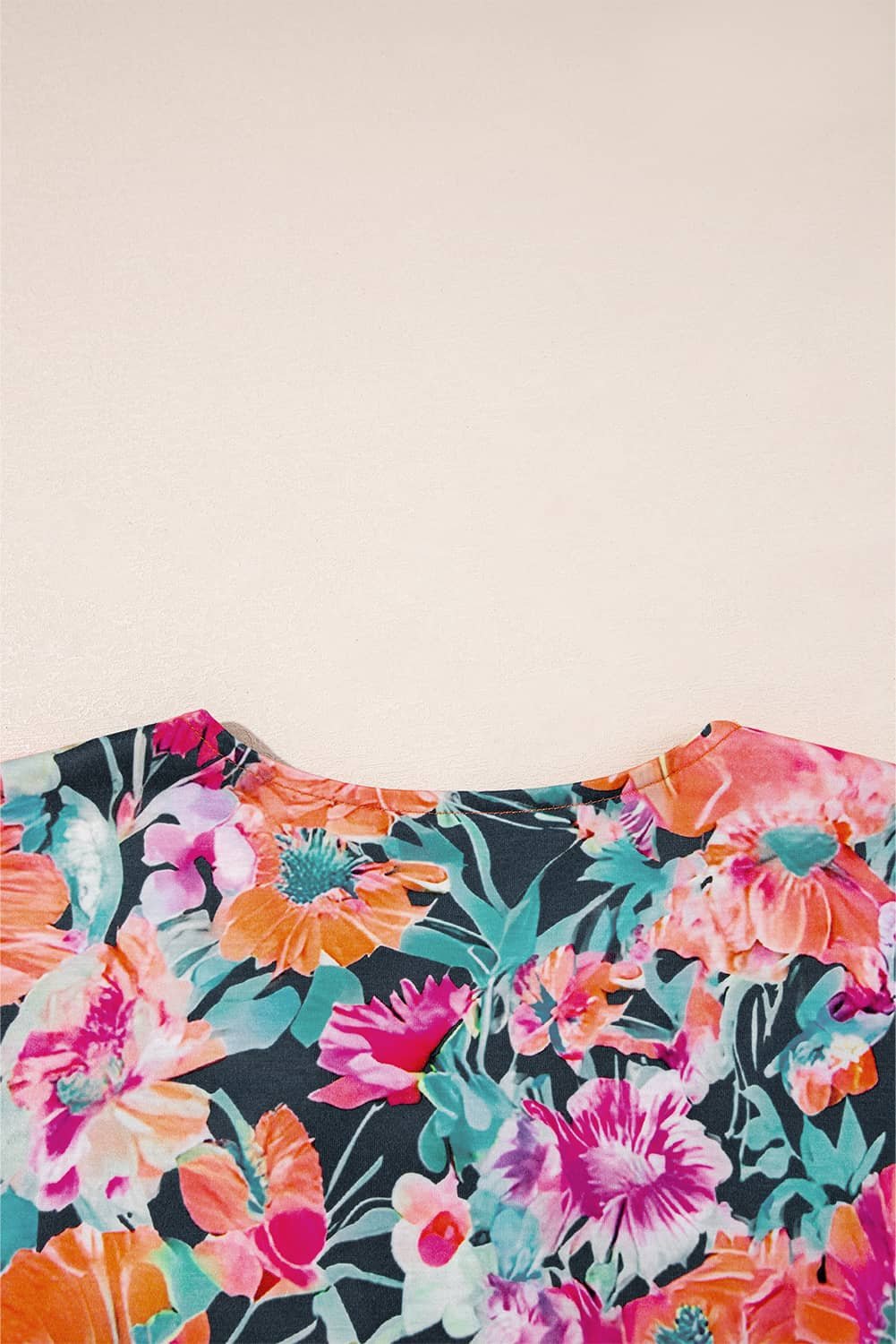 Black Floral 3/4 Flare Sleeve Tied V Neck Blouse