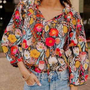 Black Floral 3/4 Puff Sleeve Tied Neck Blouse