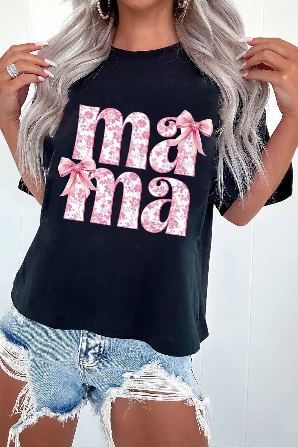 Black Floral Bow Mama Graphic Crewneck Tee
