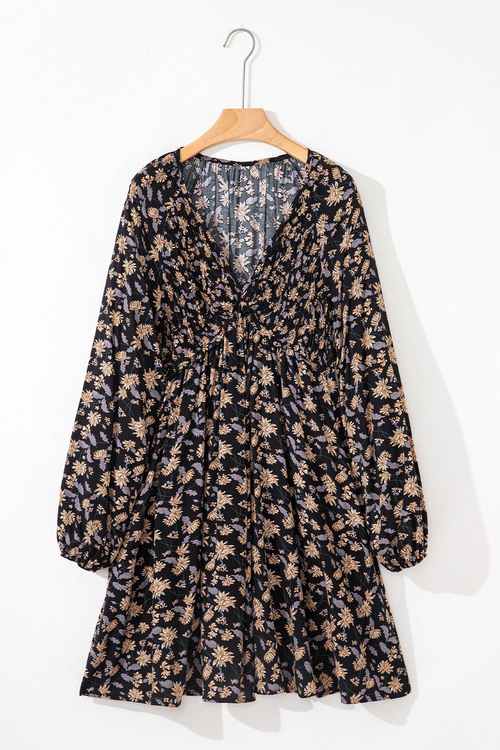 Black Floral Deep V Neck Smocked Bust Bubble Sleeve Babydoll Dress