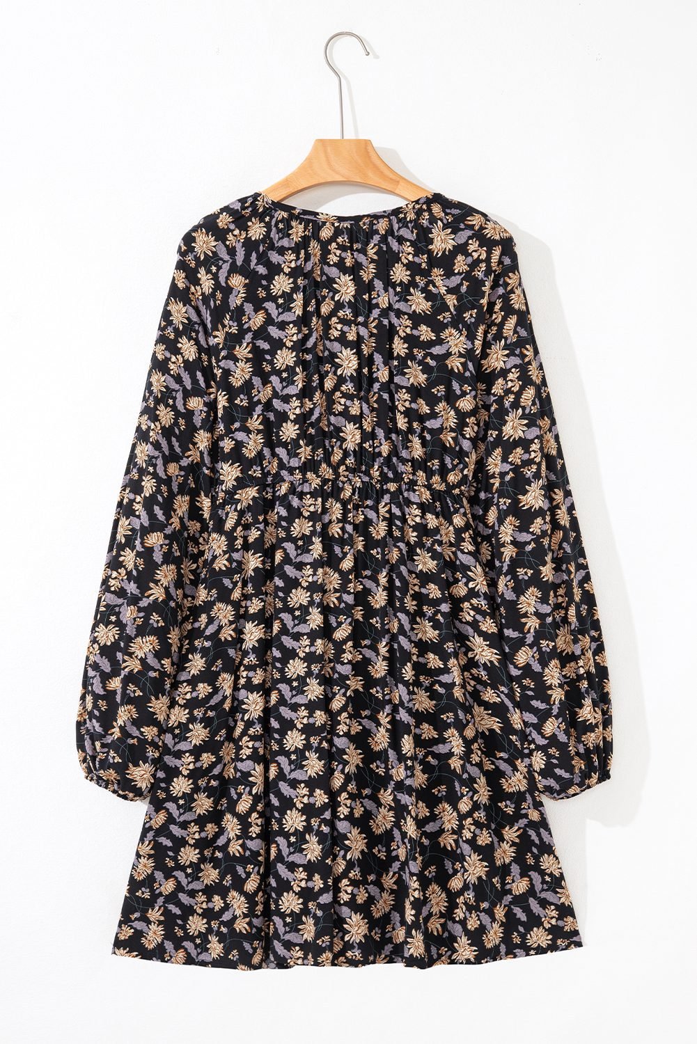 Black Floral Deep V Neck Smocked Bust Bubble Sleeve Babydoll Dress
