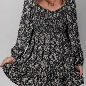 Black Floral Long Sleeve Frilly Shirred Square Neck Mini Dress