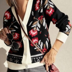 Black Floral Print Buttoned Front V Neck Knit Cardigan