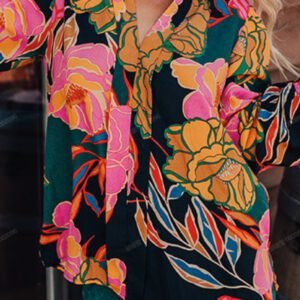 Black Floral Print Smocked Cuffs Puff Sleeve V Neck Blouse