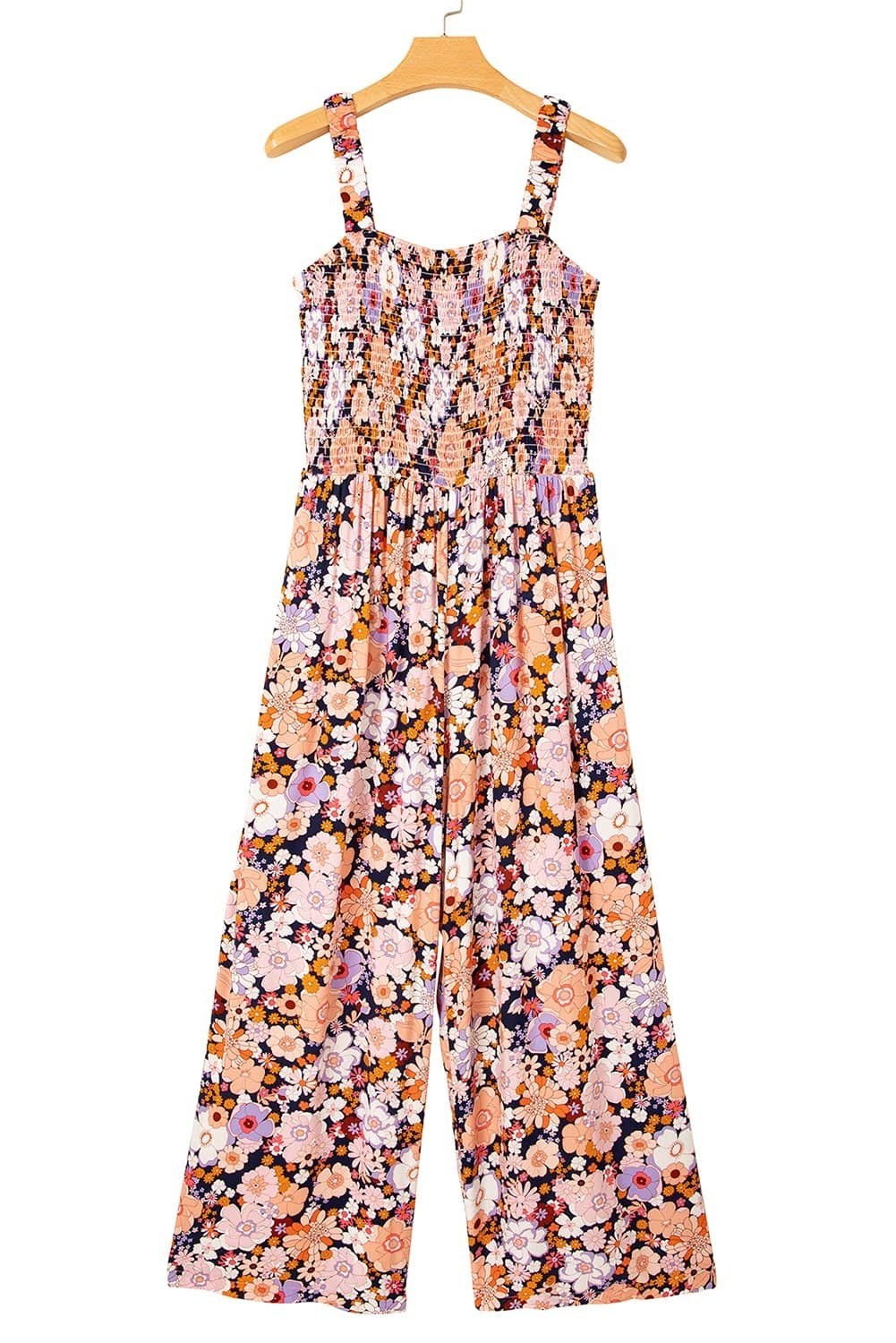 Black Floral Print Smocked High Waist Square Neck Jumpsuit