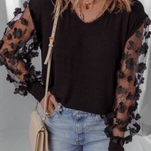 Black Flower Applique Mesh Long Sleeve V Neck Blouse