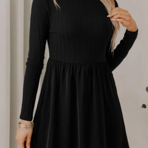 Black Frilled Neck Ribbed Knit Patchwork Long Sleeve Mini Dress