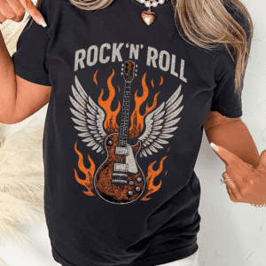 Black Guitar Wings Slogan Print Crew Neck T Shirt