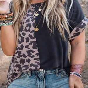 Black Half Leopard Patchwork Plus Size T-Shirt
