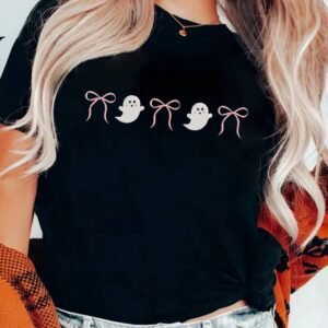 Black Halloween Ghost Bow Embroidered Loose T Shirt