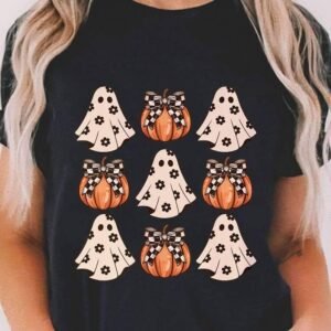 Black Halloween Ghost Pumpkin Print Crew Neck T Shirt
