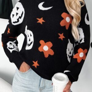 Black Halloween Mythical Night Pattern Drop Shoulder Sweater