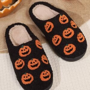 Black Halloween Pumpkin Plush Home Slippers