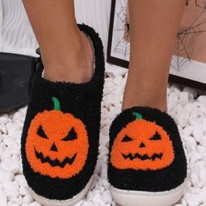 Black Halloween Pumpkin Print Plush Slippers