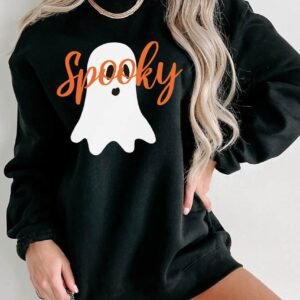 Black Halloween Spooky Ghost Print Crewneck Pullover Sweatshirt