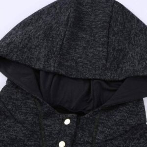Black Heathered Print Button Snap Neck Pullover Hoodie