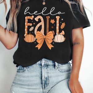 Black Hello Fall Thanksgiving Bow Pumpkin Graphic Tee