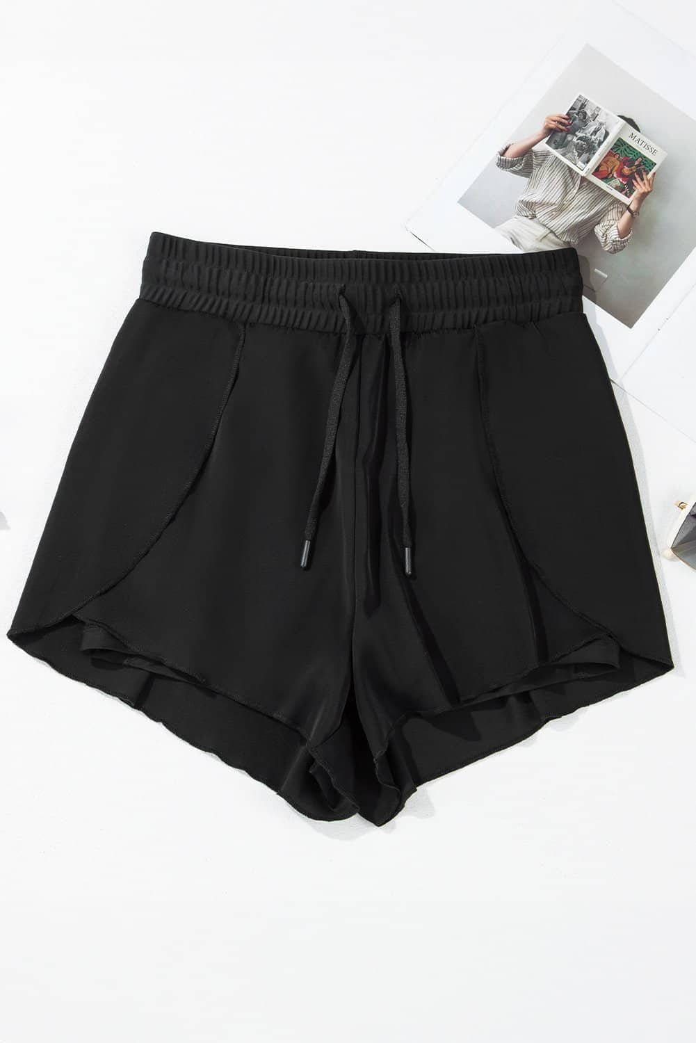 Black High Waisted Drawstring 2-In-1 Side Pocket Color Block Bikini Shorts