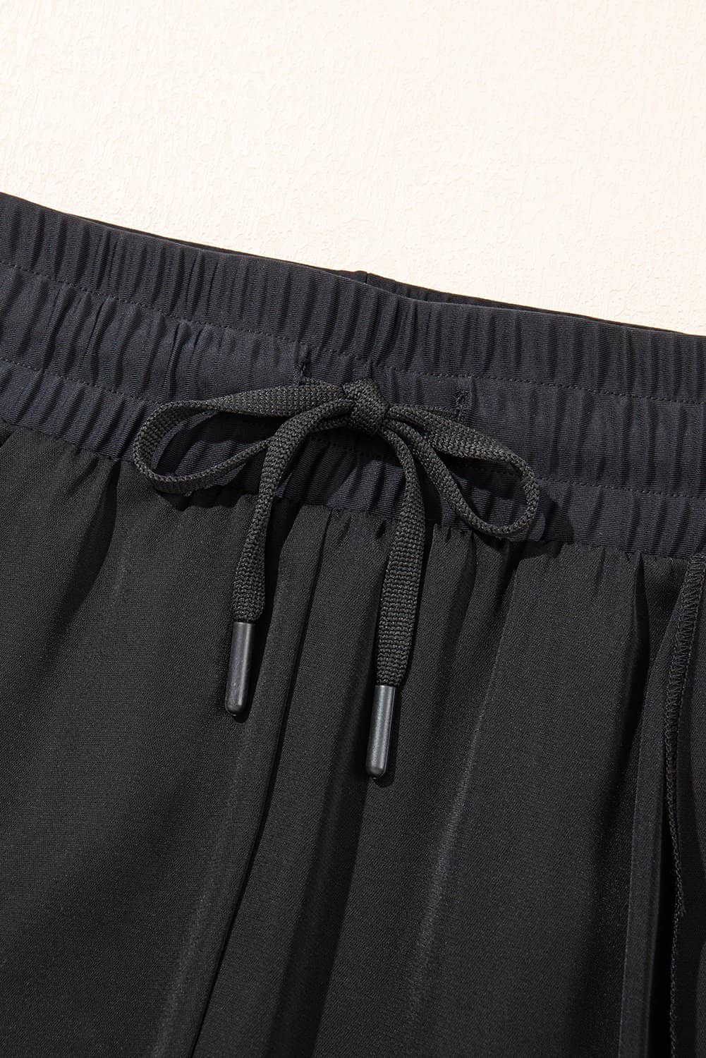 Black High Waisted Drawstring 2-In-1 Side Pocket Color Block Bikini Shorts